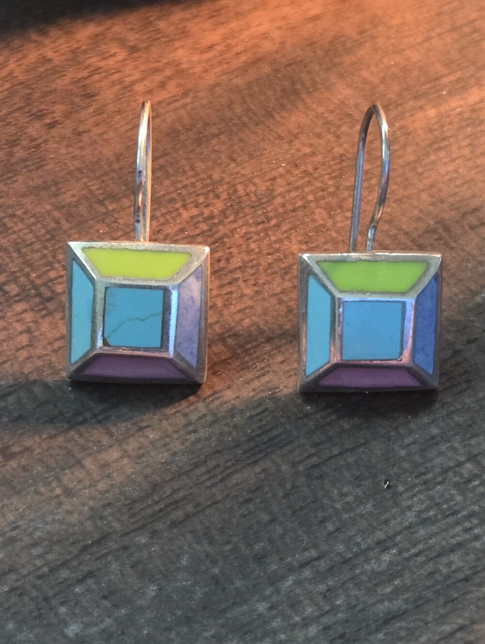 Silver Geometric Inlay Square Drop Earrings - Multicolor